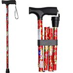 iCatchy Walking Flexible Stick, Easy Adjustable Height Folding Extendable Walking Aid Mobility Aid Collapsible Walking Stick for Unisex UKCA Approved (Red Flower)