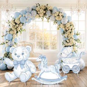 APUDWN 3Pcs Blue Toile de Jouy Baby Shower Decorations, Blue Bear Rocking Horse Carriage Cardboard Cutouts Gender Reveal Photo Booth Props Corrugated Plastic Nursery Toile De Jouy Decor Birthday Party