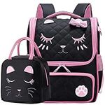 Cute Cat Face Backpacks with Lunch Bag for Teen Girls, Kids Backpack for Toddler Preschool Bookbags Elementary School Bags - Black