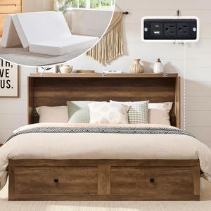 LUXOAK Queen Barnwood Murphy Bed with 6" Tri-Fold Memory Foam Mattress