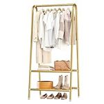 JOISCOPE Portable Metal Garment Rack, Sturdy Heavy Duty Garment Clothes Rack with Double Layer Shelf for Storing Clothes, Shoes, Suitable for Bedroom, Office, Living Room, 62 * 35 * 157.5cm, Gold