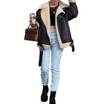 FeMereina Women Faux Lamb Fur Leather Short Jacket Lapel Zipper Bomber Outwear Faux Suede Lapel Coat Warm Biker Motor Aviator Coat (Dark Brown, M)