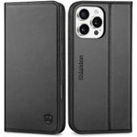 SHIELDON Case for iPhone 16 Pro Max 6.9" 2024, Genuine Leather Flip Wallet Case with [Kickstand] [RFID Blocking Card Holder] Shock-Absorbent Case Compatible with iPhone 16 Pro Max 5G - Black