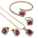 JEWEL21 18K Gold Plated American Diamond (AD) Maroon Color Combo Pendant Set with Earring, Bracelet, & Ring for Girls & Women