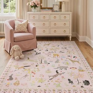 BESBLEE 10x14 Area Rug, Animal Print Machine Washable Floral Low Pile Carpet, Non-Slip Non-Shedding Pet Friendly Girl Rug for Living Room Playroom Nursery Bedroom Entryway, Pink