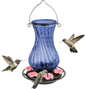Nature's Way Hanging Glass Hummingbird Feeder for Outdoor Decor, 32 Ounce Capacity Nectar Feeder, 6 Easy to Clean Flexible Pink Ports, Blue