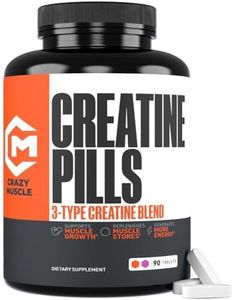 Crazy Muscle, Creatine Pills, 5g 3X Pure Creatine Monohydrate, Pre Workout Bulk Muscle Mass Gainer, High Absorption Easy to Take ThreeAtine 3 Type Optimum Performance for Lean Growth Men Women