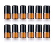 12 Pcs Essential Oil Glass Roller Bottles Mini Tiny Refillable Empty Aromatherapy Perfume Liquid Amber Glass Roll On Bottles Vials Metal Rollerball Bottles Jar (2ML)