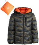 URBAN REPUBLIC Boys’ Foldable Hooded Jacket – Insulated Weather Resistant Bubble Puffer Windbreaker Coat for Boys Sizes 4-20, Olive Camo, 10-12