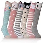 FNOVCO Girls Knee High Socks Cartoon Animal Patterns Cotton Over Calf Socks (6 Pairs Animal)