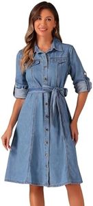 Allegra K Vestido Camisero de Mezclilla para Mujer con Botones de Manga Larga Vestido Vaquera con Cinturón Vestido Clásico Jean Azul Claro M