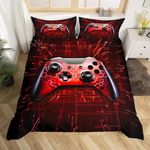 Castle Fairy Game Bedding Set for Boys Kids Gamepad in Modern Geometric Space Duvet Cover with 2 Pillowcases Reversible Gamer Bedroom Decor Black Red Set 3pcs,Full Size