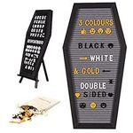 THE TWIDDLERS - Black Coffin Halloween Letter Message Felt Board Gothic Sign Decoration with 507 Pre-cut Letters in Black White and Yellow Plywood Stand - 44cm x 22cm