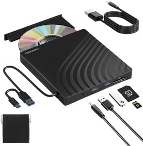 External CD DVD Drive, 7-in-1 USB 3.0 CD/DVD Drive Burner with 2 USB and 2 TF/SD Card Ports, Portable DVD CD+/-RW Player Reader Writer Recorder for Laptop, Desktop, Mac, Windows 11/10/8/7, Linux