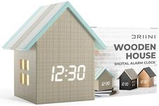 Driini Digital House Shaped Alarm Clock with Temperature Display (Stripe Wood) – Modern Aesthetic - Cute Cube Frame and White LED Dimmer - Perfect Large Desk Clock for Bedside Table or Bedroom Mantle