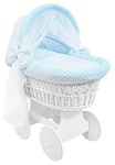 Hooded Wicker Wheel Baby Moses Basket Bassinet Crib with Full Cotton Bedding Set Liner Cover and Mattress - Dimple White/Blue