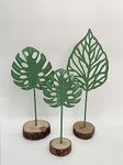 RISEON Set of 3 Green Metal Tropical Leaf Sculpture Statue with Wood Base Metal Iron Monstera Leaf Decorations Home Desktop Table Ornament Decor