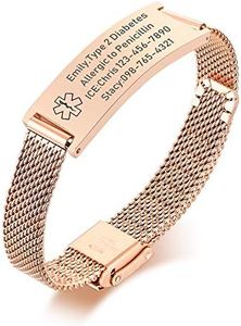 VNOX Medical Alert Bracelets for Men & Women with Free Engraving Adjustable Stainless Steel Mesh Emergency Medical ID Bracelets Wristband,Rose Gold