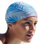 SLOVIC White Leaf Printed Swimming Caps for Men and Women with Long Hair | Waterproof Cap for Swimming Silicone | Free-Size for Great Fit | No Hair Pulling | Prevents Chemical Damage