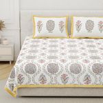 DE CAMA Since 1997 | 100% Cotton 300 TC Premium King Size Bedsheet for Double Bed (90 x 108 Inch) with 2 Pillow Covers Set (17 x 27 Inch) Hand Block Printed Bedsheet Set - Floral Yellow