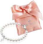 Baby Crystals Infant White European Simulated Pearl Bracelet with Sterling Silver Cross Charm - Baptismal & Baby's Baptism Gifts for Baby Girl, Elegant Girls Jewelry