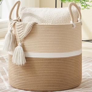 KAKAMAY Large Blanket Basket (18"x18"x16"),Woven Baby Laundry Hamper for Storage, Cotton Rope Blankets Baskets for Nursery, Laundry, Living Room, Pillows, Baby Toy chest with Handles (Light Brown)
