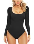 HEEKPEK Bodysuit for Women Scoop Neck Body Suits Long Sleeve Jumpsuit Slim Fit Corset Tops Tummy Control Shapewear Shirt (Black, Medium)