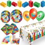 Building Block Birthday Party Supplies Set – Cups Plates Signs Napkins Balloons Tablecloth Utensils – Birthday Party Supplies for Boys and Girls – Serves 25