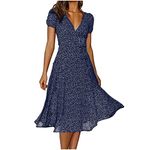 Women Dresses Clearance, Ladies Short Sleeve Maxi Dresses V Neck Floral Swing A-Line Midi Dresses Beach Boho Polka Dot Dress Casual Loose Evening Party Elegant Wedding Guest Dresses Navy