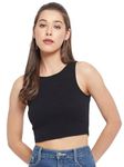 LE BOURGEOIS Women Solid Slim Fit Round Neck Sleeveless Cotton Rib Casual Crop Top Dance Vest Sando (Medium, Black)