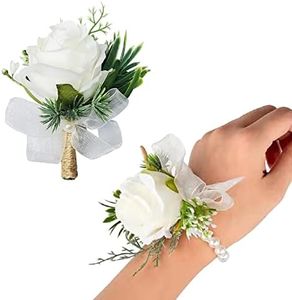 YESKY Rose Corsage and Boutonniere Set, 2PCS Handmade Artificial Flower Bride Wrist Corsage Wristlet Bracelets Wristband Men Boutonniere for Wedding Flowers Accessories Prom Suit Decorations, Silk