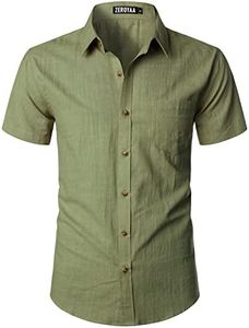 ZEROYAA Men's Fitted Cotton Linen Casual Short Sleeve Button Up Shirts Lightweight Beach Tops with Pocket, Avocado Green, Large