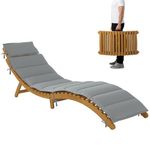 Outsunny Folding Lounge Chair Outdoor, Acacia Wood Chaise Lounge Tanning Chair with Cushion, Headrest, Carry Handle, Outdoor Patio Lounger for Garden, Backyard, Pool, Light Grey