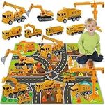 Jiakora Construction Vehicle Toy Truck w/Play Mat Road Signs, Dump Trucks, Excavator, Cement Mixer Trucks, Crane, Engineering Vehicles Toys Set for 3 4 5 6 Years Old Toddlers Kids Boys & Girls