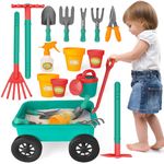 deAO Childrens Gardening Sets, Toddler Gardening Tools 3~12, Kids Wheelbarrow and Gardening Set, Children's Pull Along Wagon Set,Kids Outdoor Toys (GREEN)