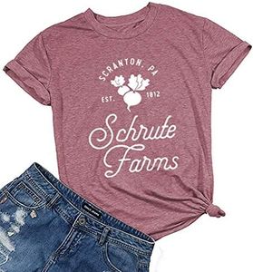 Women Teen Girls Scranton PA Schrute Farms Funny Graphic T Shirt Summer Short Sleeve Tops Tees Pink