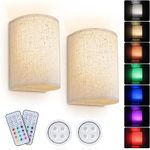 Wall Sconces Set of 2 Battery Operated, RGB Wireless Wall lamp Lighting Decor with Fabric Shade Remote Control, RGB Wall sconces Fixtures for Bedroom Living Room