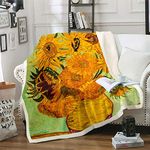 Oil Painting Print Sherpa Fleece Blanket Yellow Sunflowers in Vase Throw Blanket Vintage Art Fuzzy Soft Blanket Bed Couch,Queen Size (90 x 90 Inches)