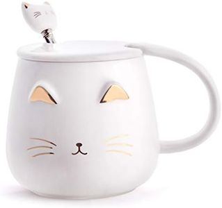 Angelice Home White Cat Mug, Cute Kitty Ceramic Coffee Mug with Stainless Steel Spoon, Novelty Coffee Mug Cup for Cat Lovers Women Girls