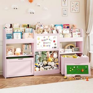 74.3" W Toy and Book Storage for Kids, Toy Organizer with Bookshelf, Pink