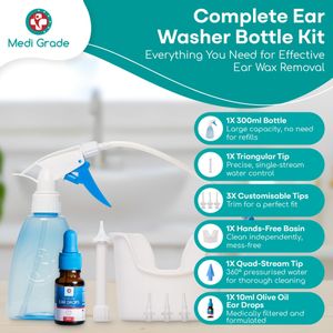 Medi Grade Ear Wax Removal Kit – 300ml Bottle, Olive Oil Drops, Reusable