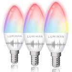 LUMIMAN E14 Smart Light Bulb, Alexa Candle Bulb, 3 Packs,Dimmable Colour Changing LED Lights,Tunable, RGBCW,4W 401LM, Works with Alexa and Google Assistant, Remote Control by Smart Phone