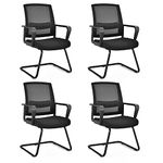COSTWAY Meeting Office Chairs, Mid-Back Mesh Reception Chair with Adjustable Lumbar Support and Sled Base, Padded Conference Armchairs Executive Computer Desk Chair (4, Black, 60x57x95cm)