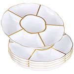 MATANA 5 White 6-Compartment Plastic Trays with Gold Rim, 30cm - 6 Section Food Serving Platters for Party Snacks, Appetizers, Fruits, Nibbles, Condiments - Sturdy & Reusable