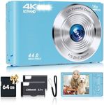 SMARTKLIK Digital Camera for Teens, FHD 4K 44MP with 64GB SD Card, 16X Digital Zoom, Compact Point Shoot Camera Blue