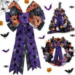 TONIFUL Large Halloween Bows for Wreaths Spider Web Patterns Black Orange Purple Burlap Bows Fall Bows for Halloween Tree Topper Wreath Halloween Ornaments Front Door Party Indoor Outdoor Decorations