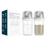 KTCHENDAO 2 in 1 Glass Salt and Pepper Shaker with Side Pour Spout, Built-in Lid to Slow Down Dampness with Measuring Marks, Elegant Borosilicate Glass Salt Dispenser for Kitchen, BPA Free,4oz (White)