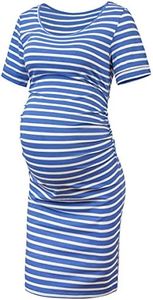 MUSIDORA Solid Color & Floral Side Ruch Maternity Dress/Short Sleeve Bodycon Dress Baby Shower Daily Wear, C9. Blue White Stripe, Medium