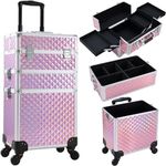 Yueieoun Rolling Makeup Case with Wheels Professional 3 in 1 Cosmetic Train Case and Cosmetology Cart Trunk for Makeup Artists Hairstylists Nail Techs and Salons Large Storage Capacity, Pink