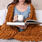 SAMIAH LUXE Orange Chunky Knit Blanket Throw 50x60, Chunky Knit Throw Blanket for Couch, Large Chunky Knitted Throw Blanket, Chenille Throw Blanket, Knit Throw Blanket for Bed, Knit Chunky Blanket